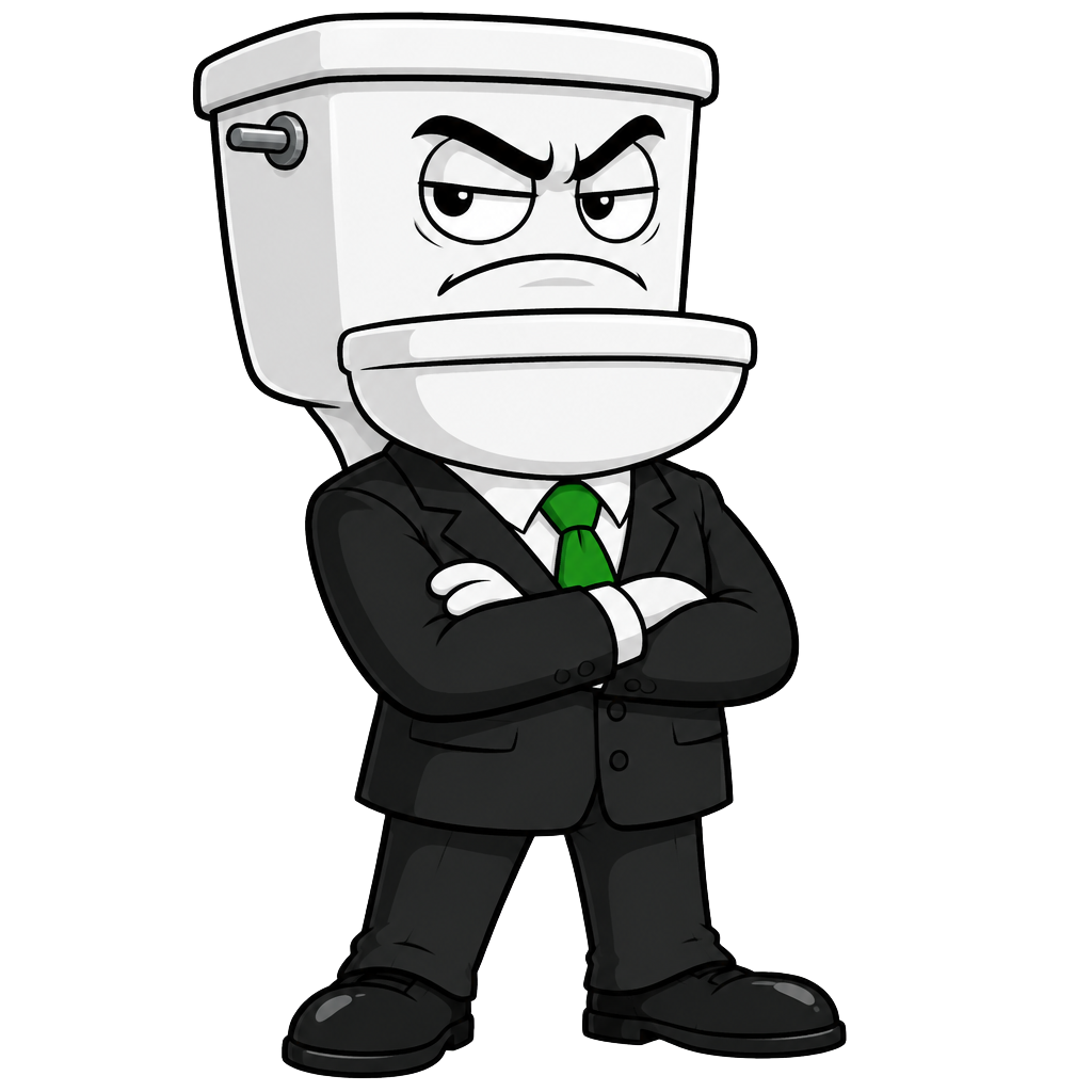 A cartoon toilet in a business suit